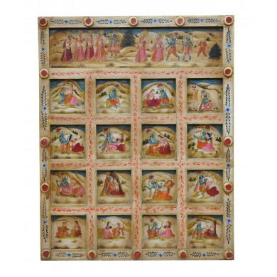 India geschnitztes Wandbild Kassetten Panel in zarten Farben Gottheiten