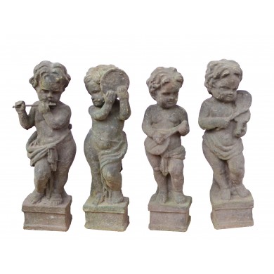 Vier kleine Gnome Miniatur Skulpturen Gußeisen bleifarben