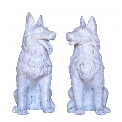 Zwei sitzende Hunde Paar Miniatur Skulpturen Gußeisen antikweiß