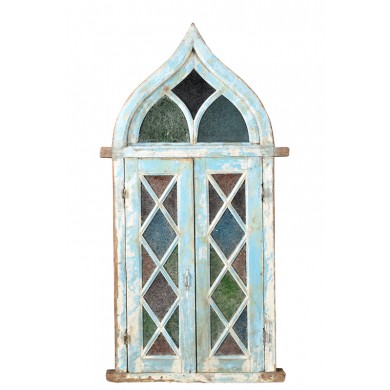 Indien märchenhaftes Fenster verglast tintenblau Holzrahmen ein Kleinod Gujarat ca 1900