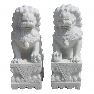 Weißer Marmor Fu Dog Paar Tempel Löwen Wächter  Bildhauerarbeit