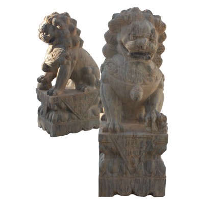 Fu Dog Paar Tempel Löwen Wächter beiger Marmor Antik- Look Bildhauerarbeit