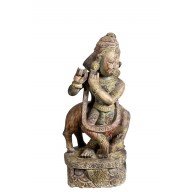 India Gottheit Krishna geschnitzte Holzfigur Skulptur Tempelschmuck auf Sockel