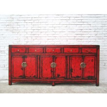 China breite Kommode Kredenz Schubladen und Türen rotbraun lackierte Pinie