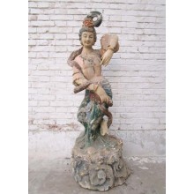 Prächtig bemalte chinesische Holzskulptur Tänzerin Göttin aus dem Jahr 1940
