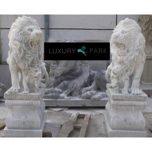 Asien mächtiges Löwen Paar Foo Dog Tempel Wächter auf Sockeln schwarzer Marmor