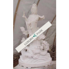 China Tempel Skulptur Göttin Guayin stehend mit Drachen weißer Marmor